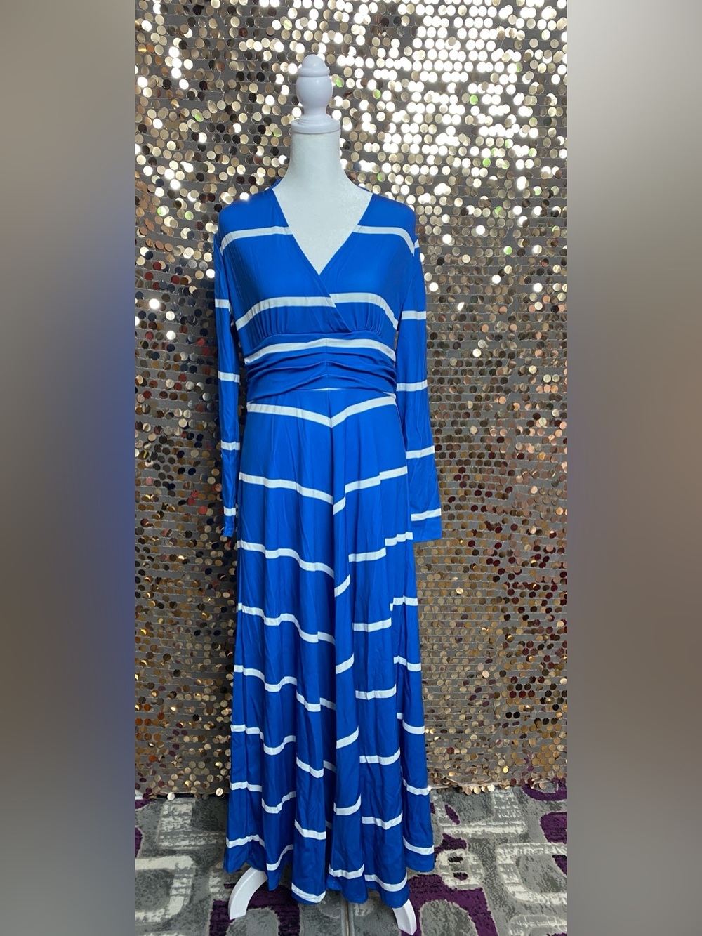 Blue and White Striped V-Neck Long Sleeves Maxi Dress #1629